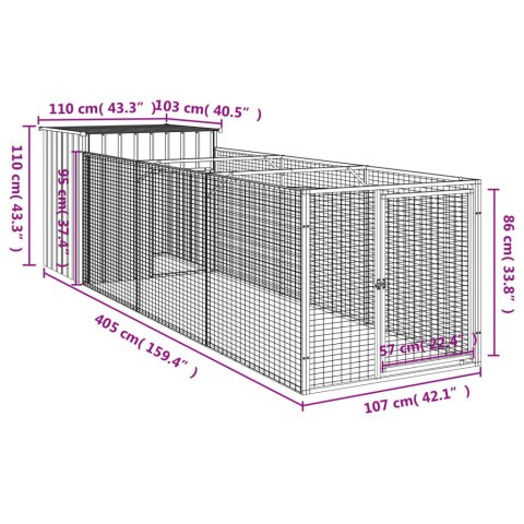  Buda dla psa, z wybiegiem, jasnoszara, 110x405x110 cm, stal