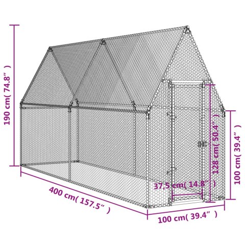  Klatka dla kurcząt, srebrna, 400x100x190 cm, stal galwanizowana