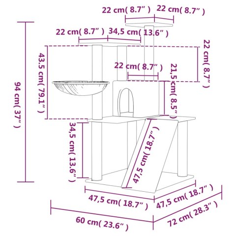  Drapak dla kota z sizalowymi słupkami, kremowy, 94 cm