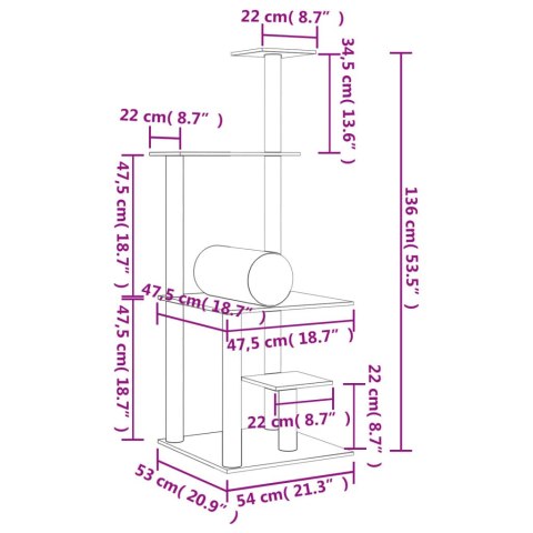  Drapak dla kota z sizalowymi słupkami, kremowy, 136 cm