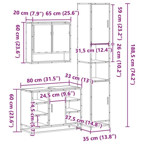  3-częściowy zestaw mebli łazienkowych, szary dąb sonoma