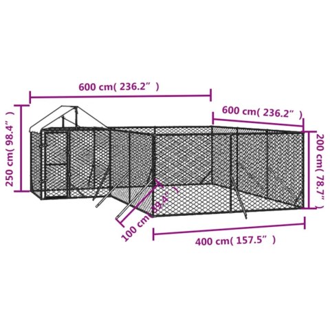  Kojec dla psa, z dachem, srebrny, 6x6x2,5 m, stal galwanizowana