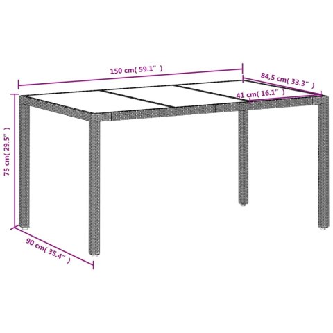  Stół ogrodowy ze szklanym blatem, szary 150x90x75 cm, rattan PE