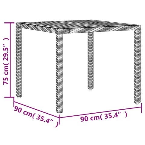  Stół ogrodowy z akacjowym blatem, czarny, 90x90x75cm, rattan PE