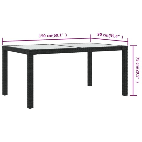  Stół ogrodowy, 150x90x75 cm, szkło i rattan PE, czarny