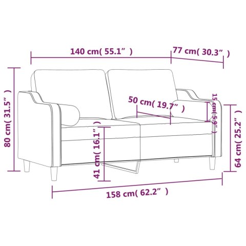  2-osobowa sofa z poduszkami, brązowa, 140 cm, tkanina