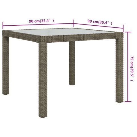  Stół ogrodowy, 90x90x75 cm, szkło i rattan PE, szary