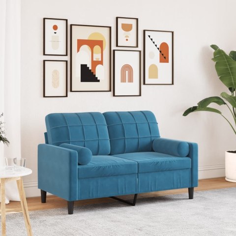  2-osobowa sofa z poduszkami, niebieska, 120 cm, aksamit