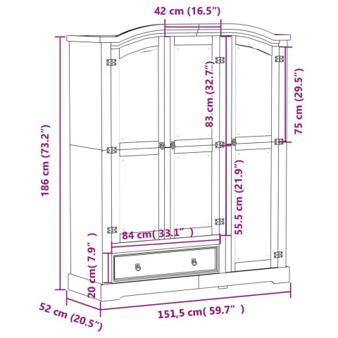  Szafa Corona, 151,5x52x186 cm, lite drewno sosnowe