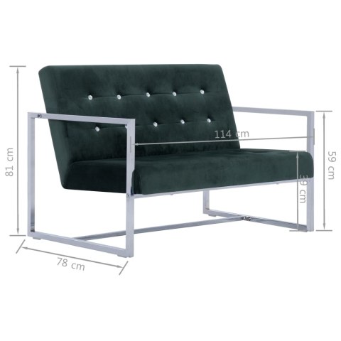  2-osobowa sofa z podłokietnikami, ciemnozielona, chrom, aksamit