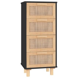  Komoda, czarna, 40x30x90 cm, lita sosna i naturalny rattan