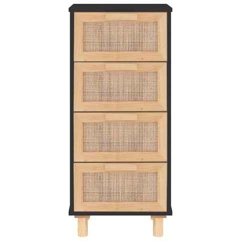  Komoda, czarna, 40x30x90 cm, lita sosna i naturalny rattan