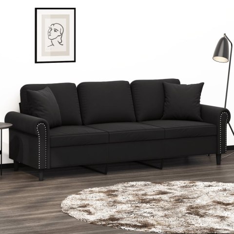  3-osobowa sofa z poduszkami, czarna, 180 cm, aksamit