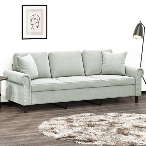  3-osobowa sofa z poduszkami, jasnoszara, 180 cm, aksamit