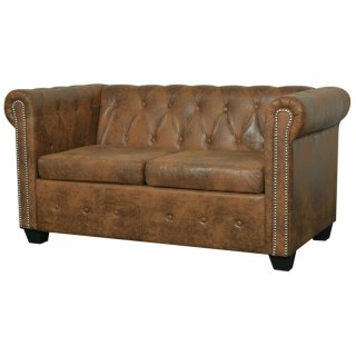  Dwuosobowa sofa Chesterfield ze sztucznej skóry, brązowa