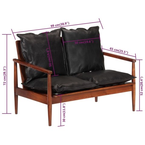  Sofa 2-osobowa, czarna, naturalna skóra i lite drewno akacjowe
