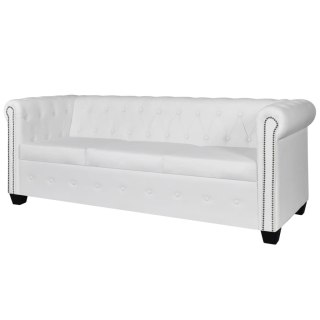  Sofa 3-osobowa w stylu Chesterfield, sztuczna skóra, biała