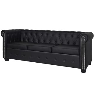  Sofa 3-osobowa w stylu Chesterfield, sztuczna skóra, czarna