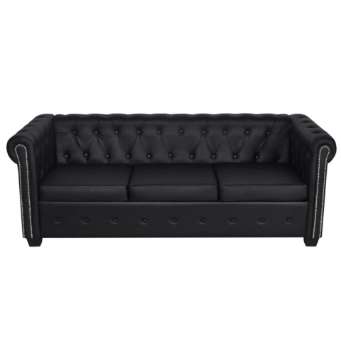  Sofa 3-osobowa w stylu Chesterfield, sztuczna skóra, czarna