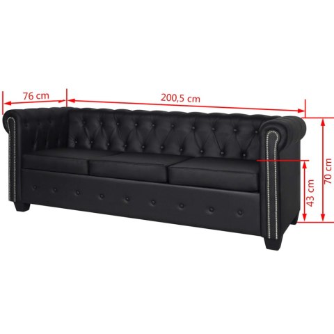  Sofa 3-osobowa w stylu Chesterfield, sztuczna skóra, czarna